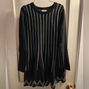 J.O.A. Black and White Knit Long-Sleeve Sweater Dress with White Pattern